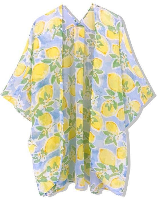 Moss Rose NWT Lemon Print Chiffon Kimono Beach Cover Up One Size Yellow - Picture 3 of 16